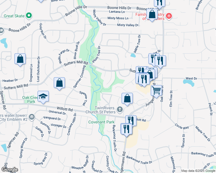 map of restaurants, bars, coffee shops, grocery stores, and more near 19 Millrace Court in St. Peters