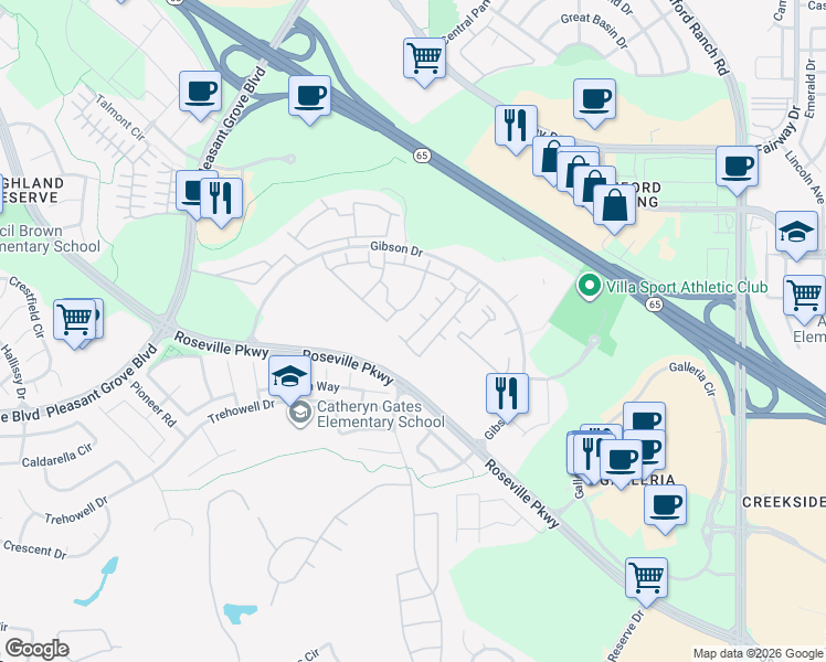 map of restaurants, bars, coffee shops, grocery stores, and more near 501 Gibson Drive in Roseville