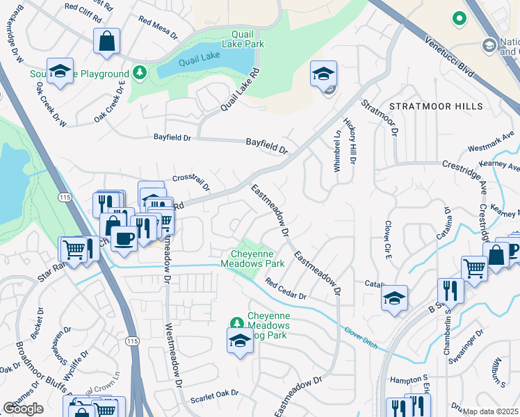 map of restaurants, bars, coffee shops, grocery stores, and more near 3850 Strawberry Field Grove in Colorado Springs