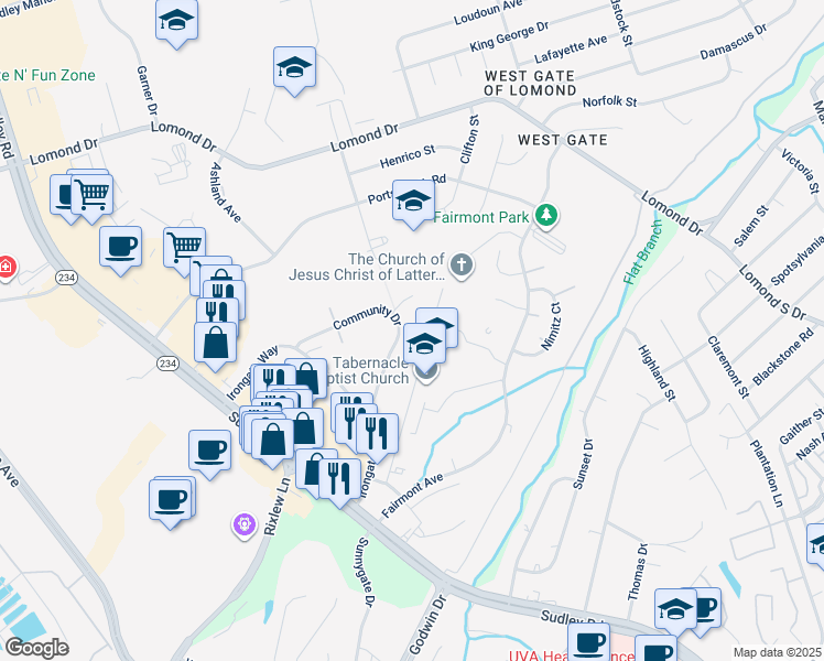 map of restaurants, bars, coffee shops, grocery stores, and more near 8133 Community Drive in Manassas
