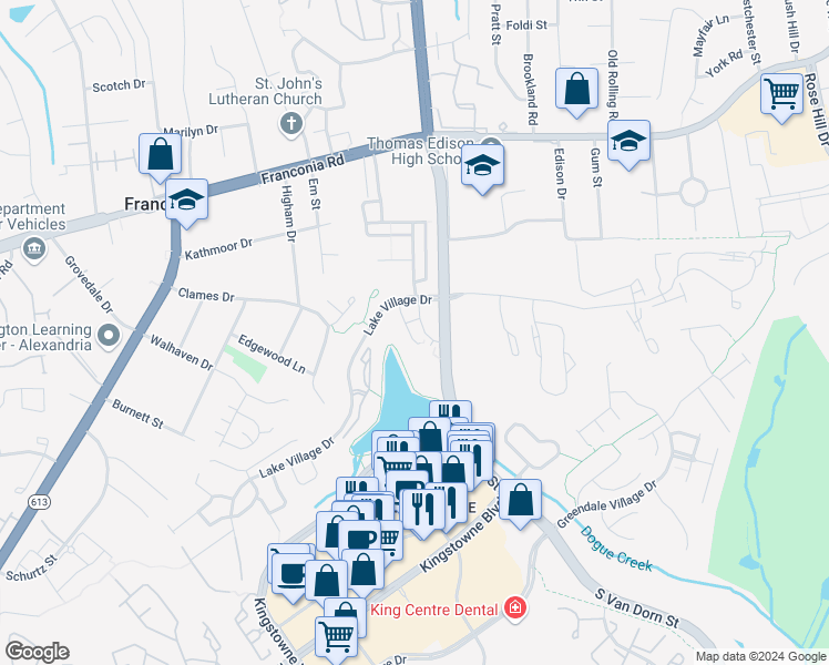 map of restaurants, bars, coffee shops, grocery stores, and more near 6485 Waterfield Road in Alexandria