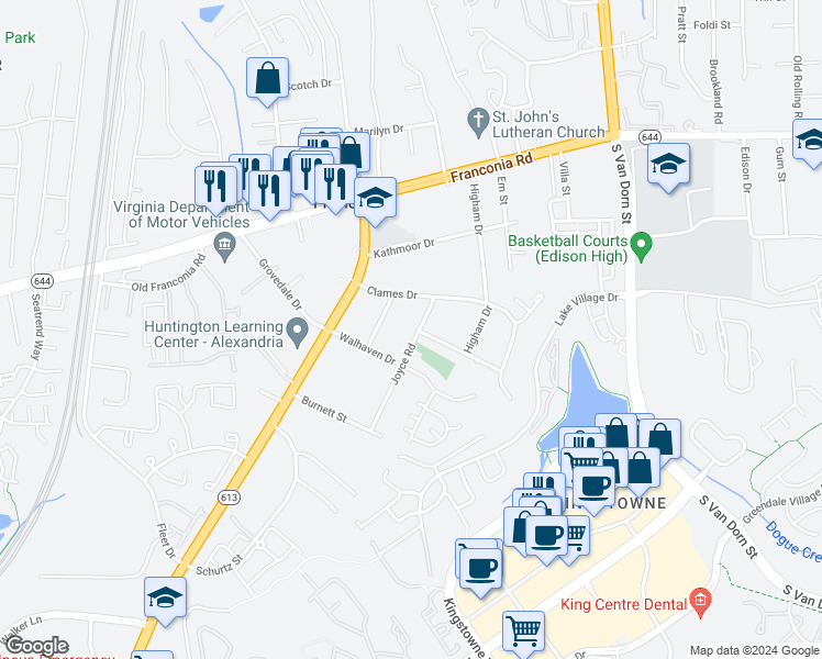 map of restaurants, bars, coffee shops, grocery stores, and more near 6412 Joyce Road in Alexandria