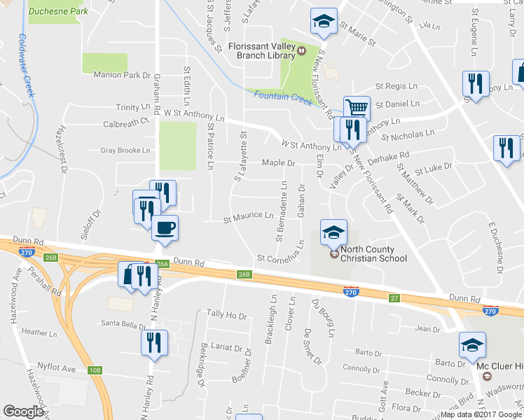 map of restaurants, bars, coffee shops, grocery stores, and more near 175 Saint Maurice Lane in Florissant