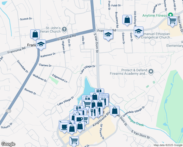 map of restaurants, bars, coffee shops, grocery stores, and more near 6485 Waterfield Road in Alexandria