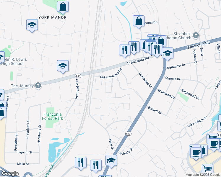 map of restaurants, bars, coffee shops, grocery stores, and more near 6251 Harbin Drive in Alexandria