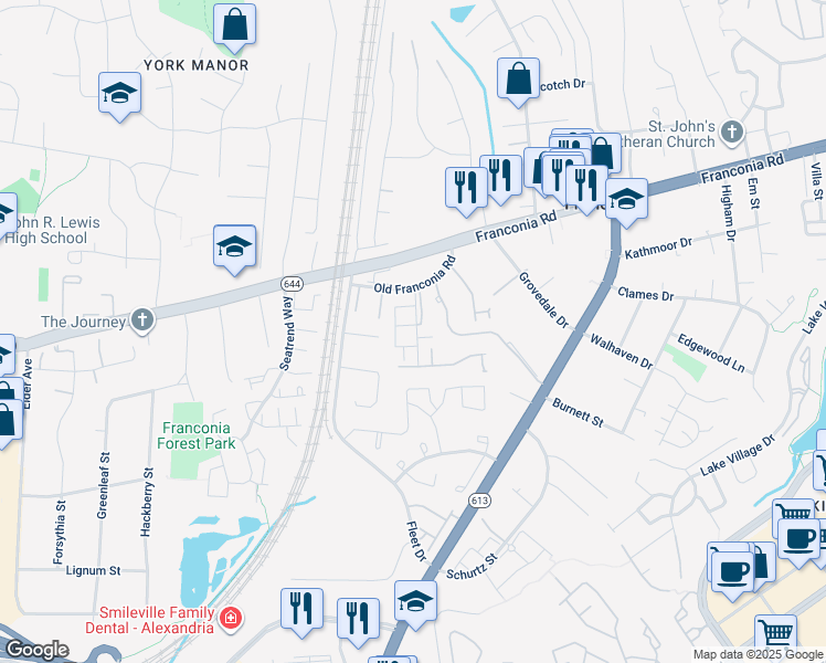 map of restaurants, bars, coffee shops, grocery stores, and more near 6251 Harbin Drive in Alexandria