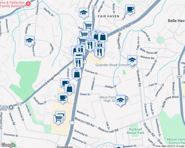 map of restaurants, bars, coffee shops, grocery stores, and more near 2615 Fairview Drive in Alexandria