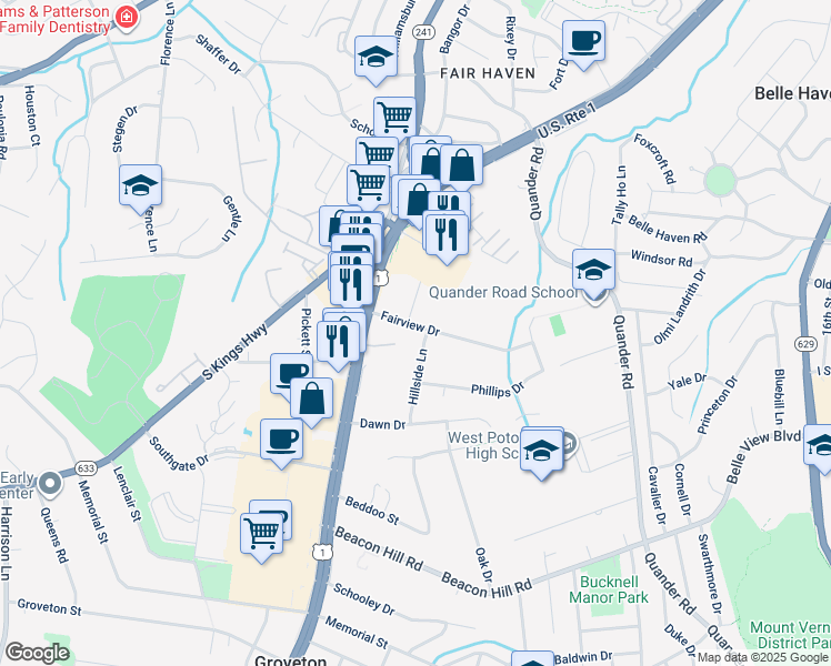 map of restaurants, bars, coffee shops, grocery stores, and more near 2615 Fairview Drive in Alexandria