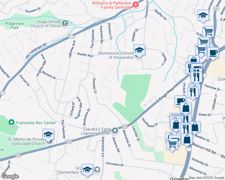 map of restaurants, bars, coffee shops, grocery stores, and more near 6410 Kings Landing Road in Alexandria