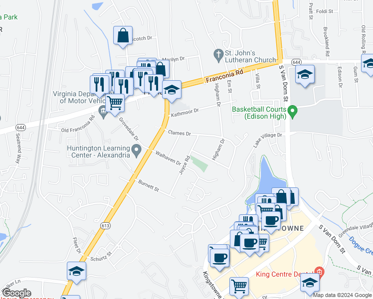 map of restaurants, bars, coffee shops, grocery stores, and more near 6412 Joyce Road in Alexandria