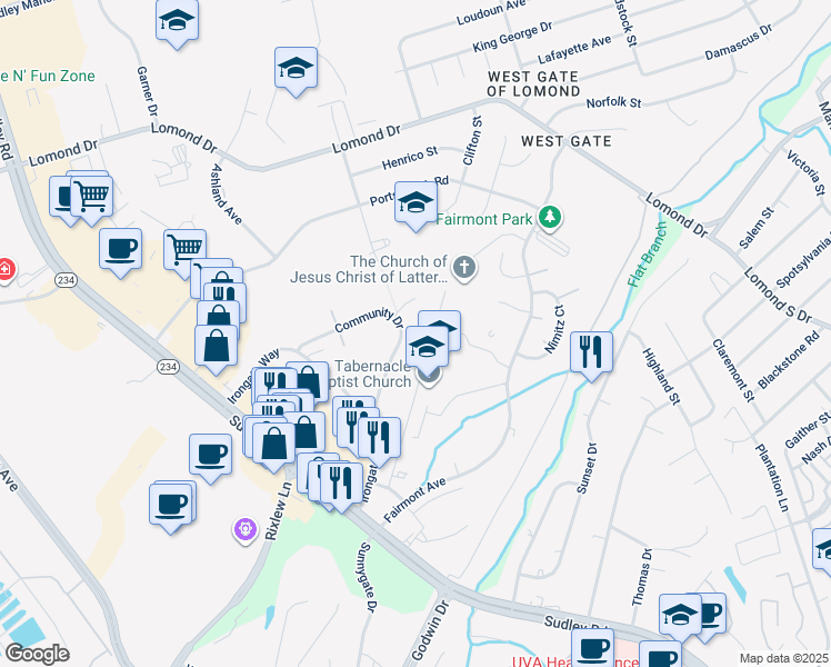 map of restaurants, bars, coffee shops, grocery stores, and more near 8133 Community Drive in Manassas