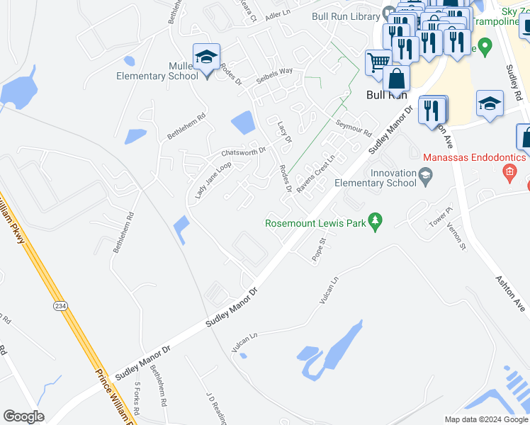 map of restaurants, bars, coffee shops, grocery stores, and more near 8238 Humphrey Lane in Manassas
