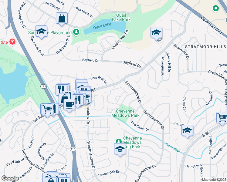 map of restaurants, bars, coffee shops, grocery stores, and more near 3625 Strawberry Field Grove in Colorado Springs