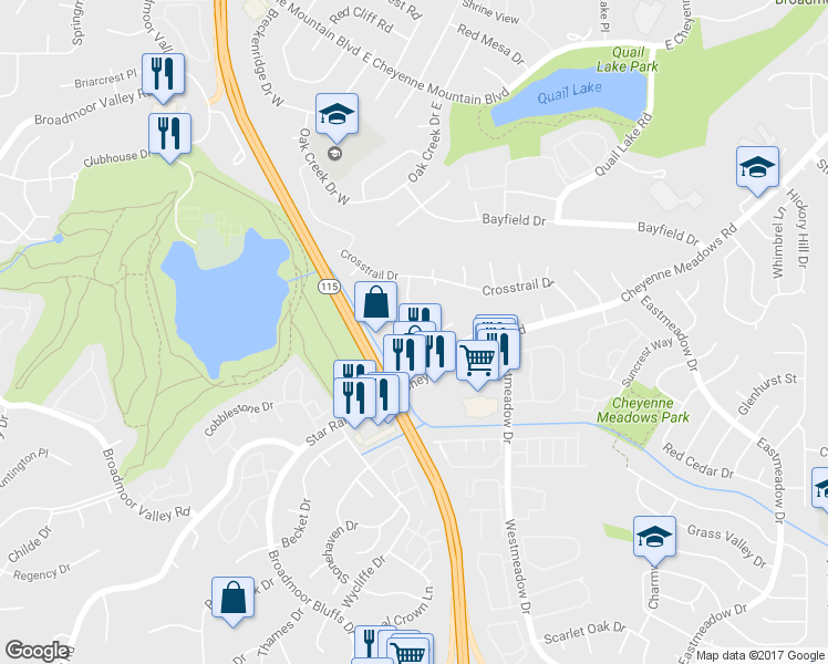 map of restaurants, bars, coffee shops, grocery stores, and more near 803 San Bruno Place in Colorado Springs