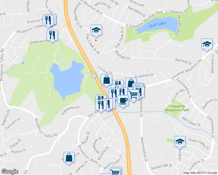 map of restaurants, bars, coffee shops, grocery stores, and more near 625 San Gabriel Place in Colorado Springs