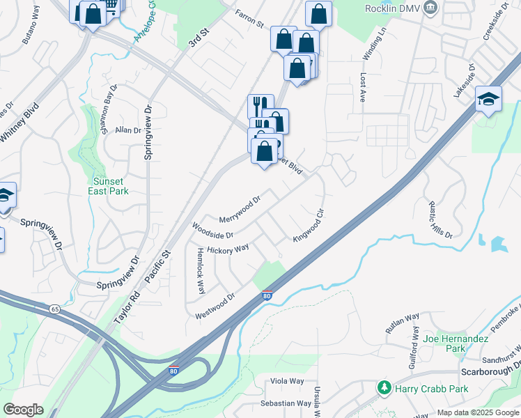map of restaurants, bars, coffee shops, grocery stores, and more near 6091 Kingwood Circle in Rocklin