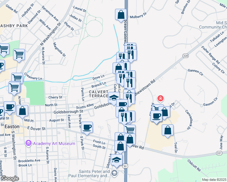 map of restaurants, bars, coffee shops, grocery stores, and more near 719 Elizabeth Street in Easton