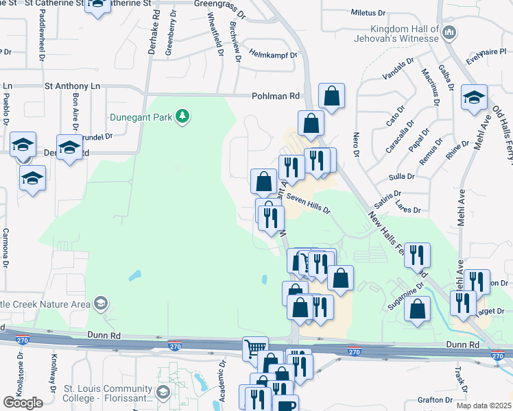 map of restaurants, bars, coffee shops, grocery stores, and more near 11667 West Florissant Avenue in Florissant