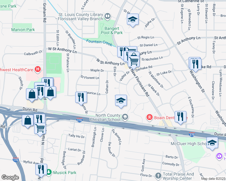 map of restaurants, bars, coffee shops, grocery stores, and more near 3 Willow Court in Florissant