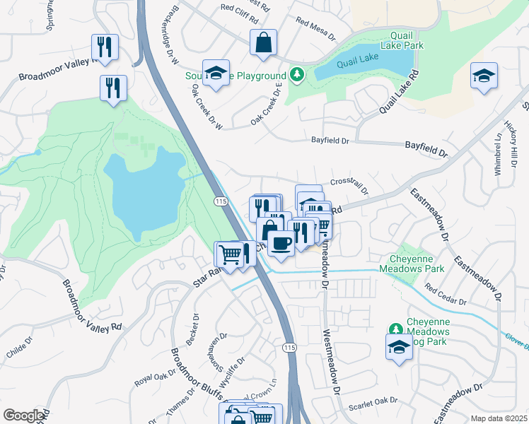 map of restaurants, bars, coffee shops, grocery stores, and more near 803 San Bruno Place in Colorado Springs