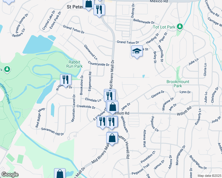map of restaurants, bars, coffee shops, grocery stores, and more near 1101 Mid Rivers Mall Drive in St. Peters