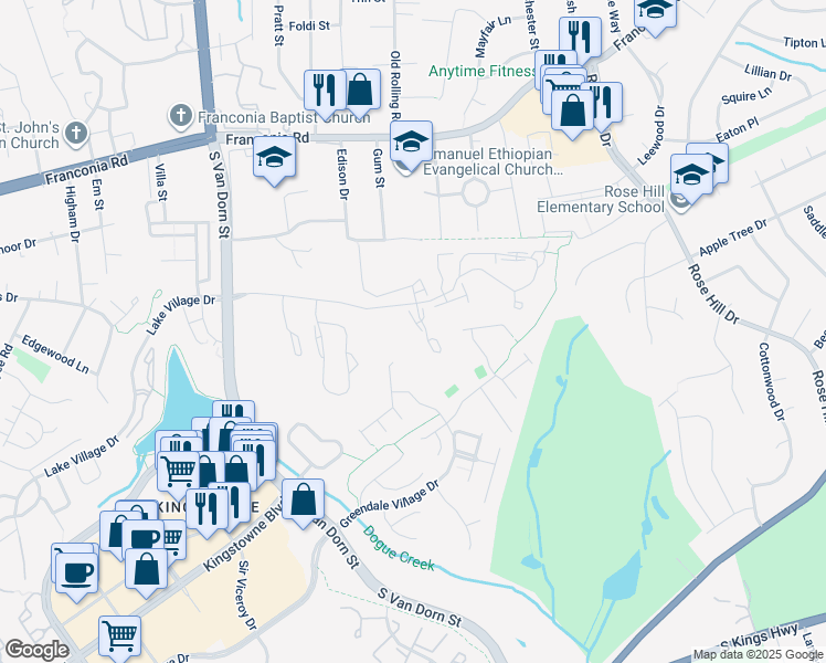 map of restaurants, bars, coffee shops, grocery stores, and more near 6418 Castlefin Way in Alexandria