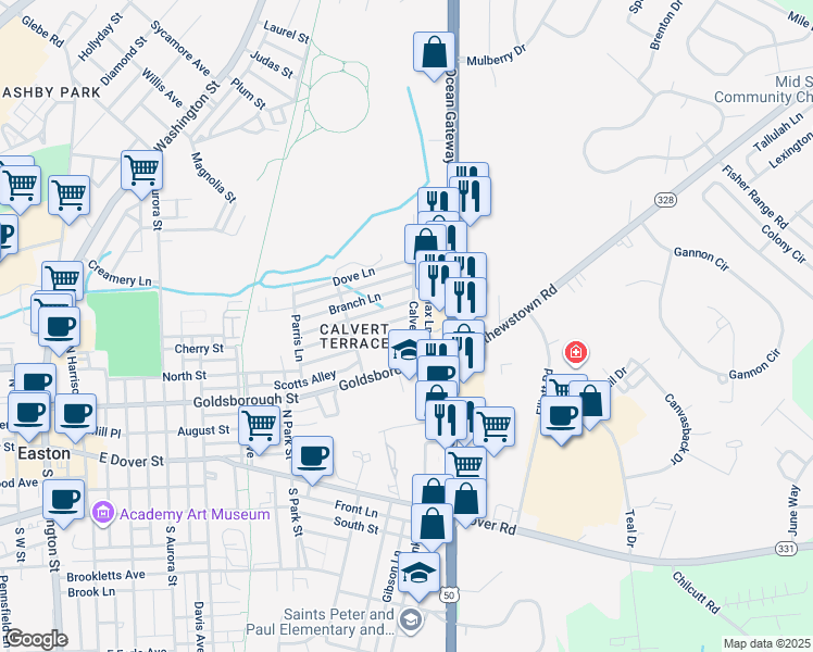 map of restaurants, bars, coffee shops, grocery stores, and more near 719 Elizabeth Street in Easton
