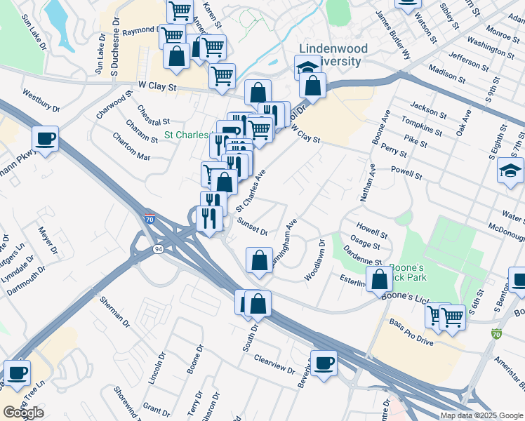 map of restaurants, bars, coffee shops, grocery stores, and more near 1129 Spring Avenue in Saint Charles