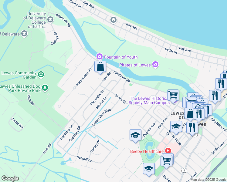 map of restaurants, bars, coffee shops, grocery stores, and more near 705 West 4th Street in Lewes