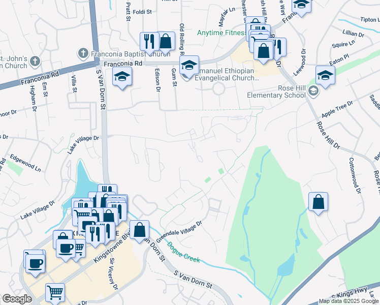 map of restaurants, bars, coffee shops, grocery stores, and more near 6418 Castlefin Way in Alexandria