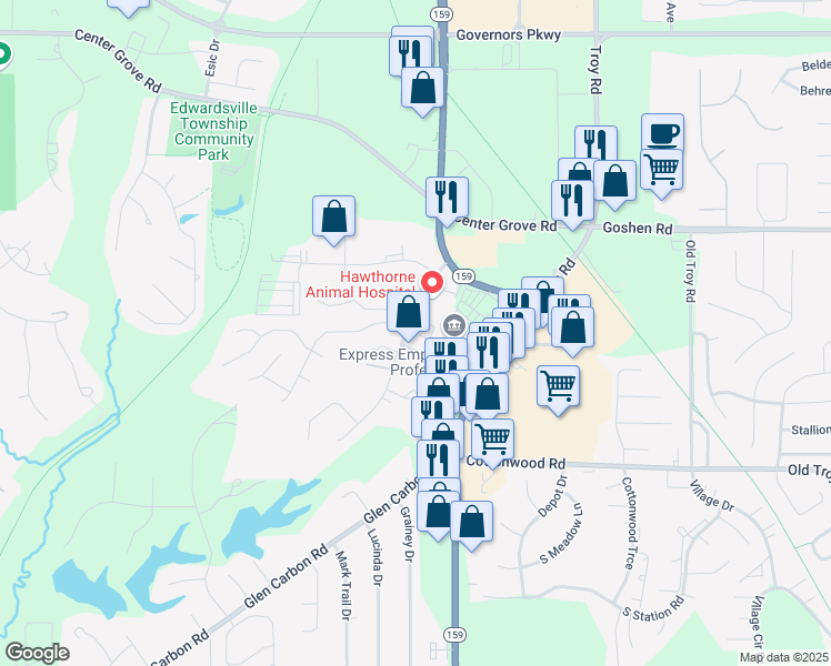 map of restaurants, bars, coffee shops, grocery stores, and more near 115 Bayberry Court in Glen Carbon