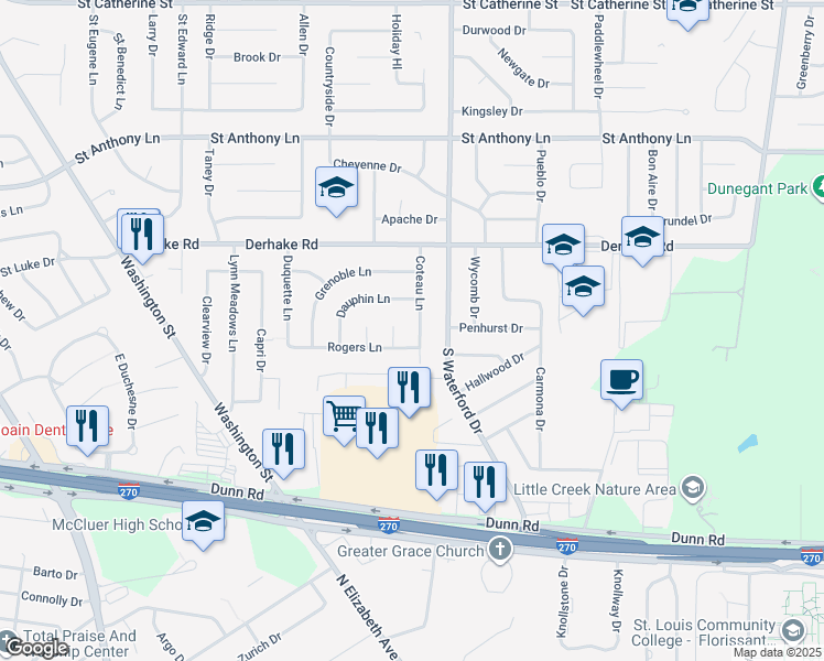 map of restaurants, bars, coffee shops, grocery stores, and more near 95 Coteau Lane in Florissant