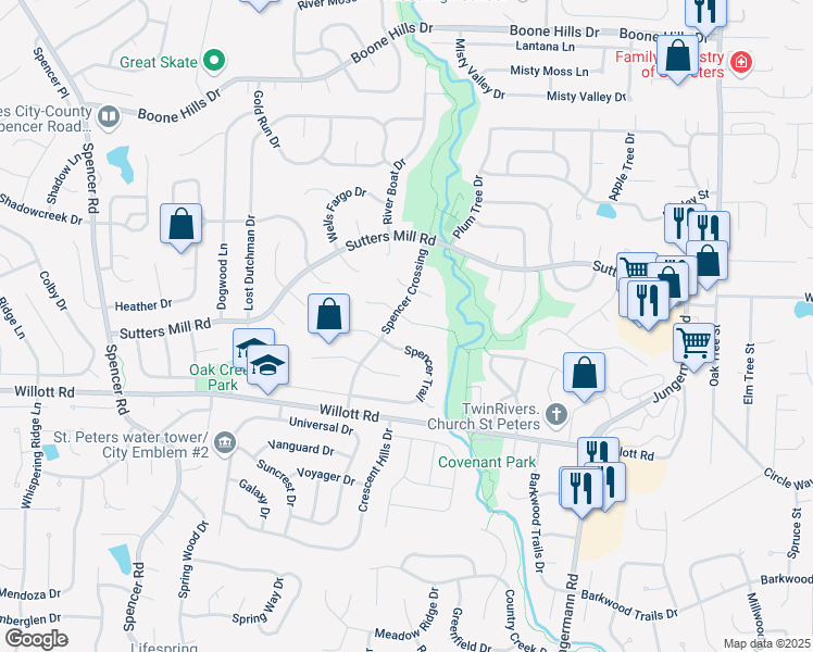map of restaurants, bars, coffee shops, grocery stores, and more near 14 Long Branch Court in St. Peters