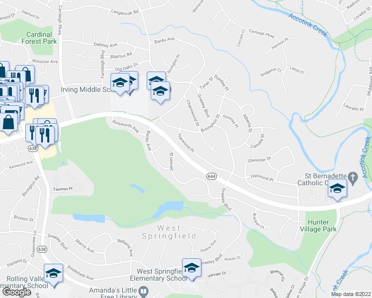 map of restaurants, bars, coffee shops, grocery stores, and more near 7929 Harwood Place in West Springfield