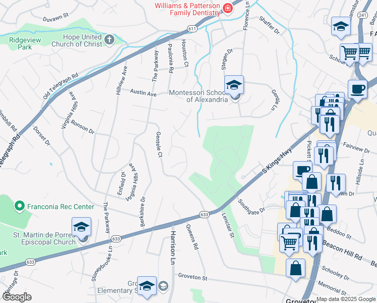 map of restaurants, bars, coffee shops, grocery stores, and more near 6410 Kings Landing Road in Alexandria