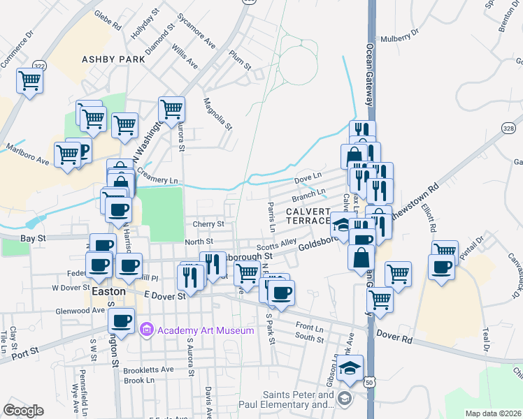 map of restaurants, bars, coffee shops, grocery stores, and more near 113 Parris Lane in Easton