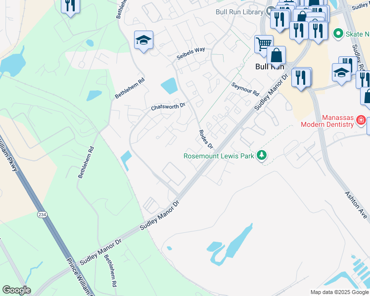 map of restaurants, bars, coffee shops, grocery stores, and more near 8236 Humphrey Lane in Manassas