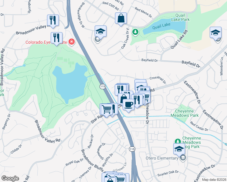 map of restaurants, bars, coffee shops, grocery stores, and more near 625 San Gabriel Place in Colorado Springs