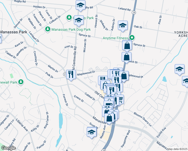 map of restaurants, bars, coffee shops, grocery stores, and more near 8558 Cabot Court in Manassas