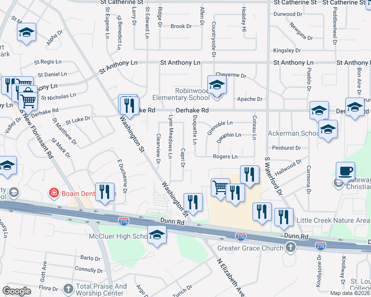 map of restaurants, bars, coffee shops, grocery stores, and more near 130 Capri Drive in Florissant