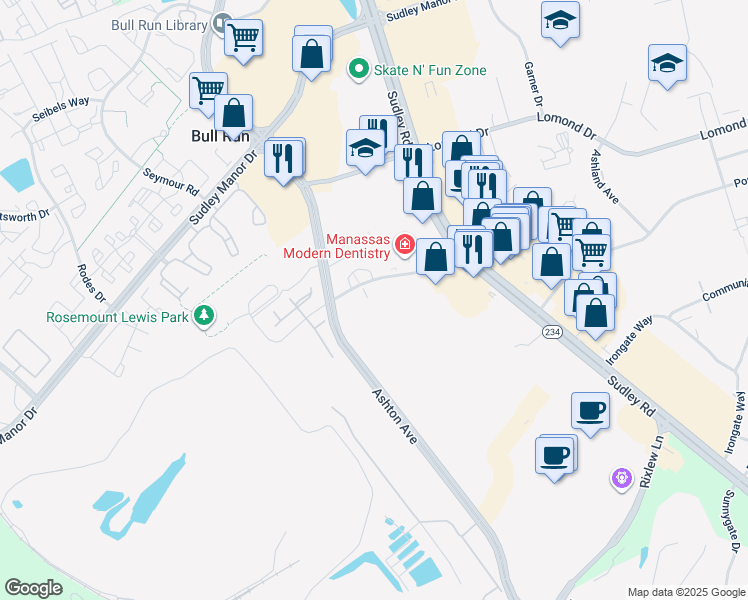 map of restaurants, bars, coffee shops, grocery stores, and more near 10627 Provincial Drive in Manassas