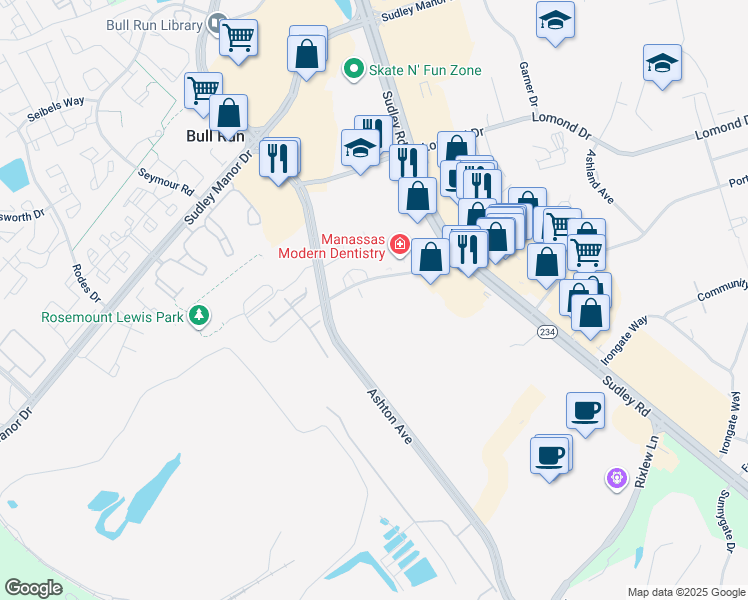 map of restaurants, bars, coffee shops, grocery stores, and more near 10625 Provincial Drive in Manassas