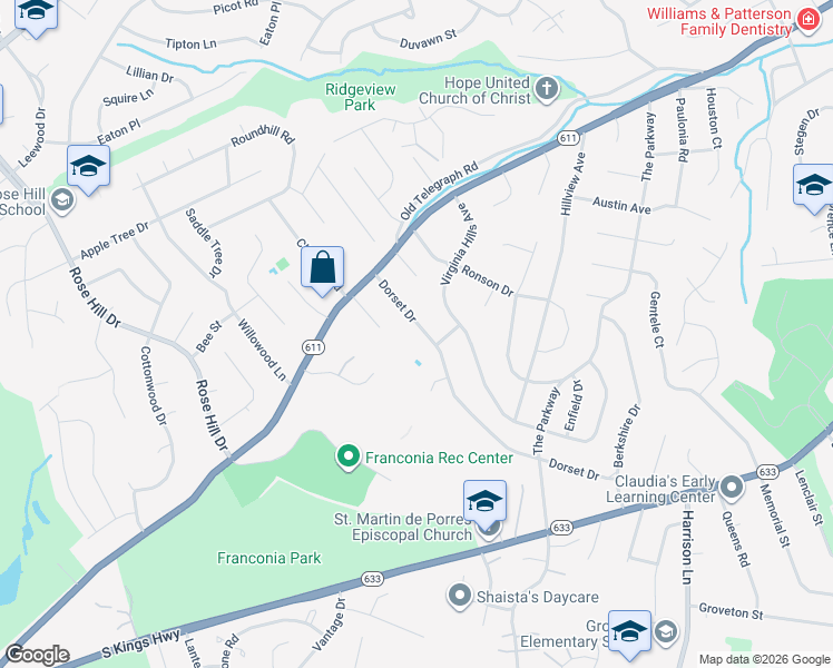 map of restaurants, bars, coffee shops, grocery stores, and more near 6408 Dorset Drive in Alexandria