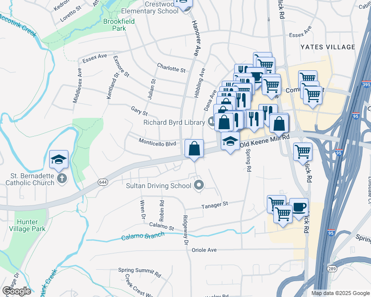 map of restaurants, bars, coffee shops, grocery stores, and more near 6405 Hanover Avenue in Springfield