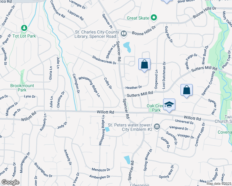 map of restaurants, bars, coffee shops, grocery stores, and more near 1233 Colby Drive in Saint Peters