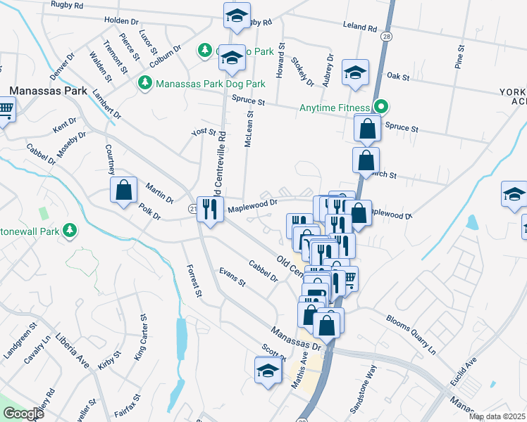 map of restaurants, bars, coffee shops, grocery stores, and more near 8580 Cabot Court in Manassas