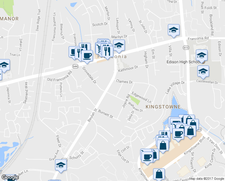 map of restaurants, bars, coffee shops, grocery stores, and more near 6108 Walhaven Drive in Alexandria