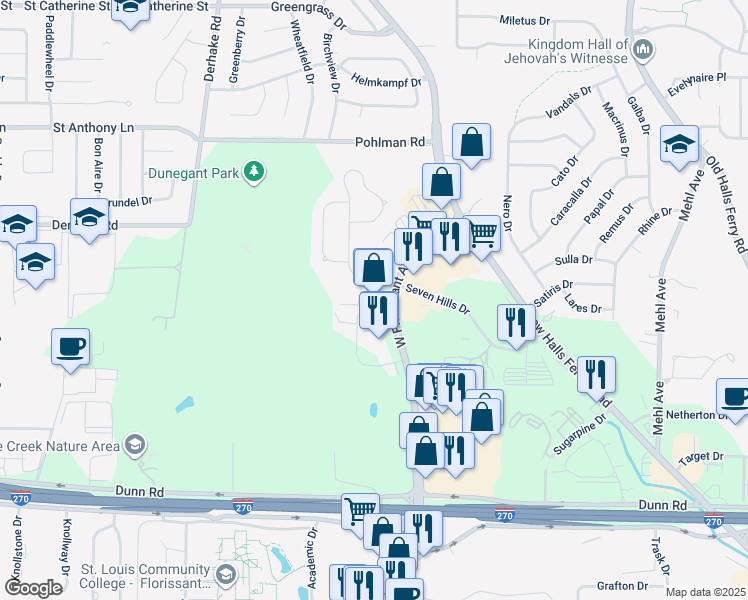 map of restaurants, bars, coffee shops, grocery stores, and more near 11667 West Florissant Avenue in Florissant