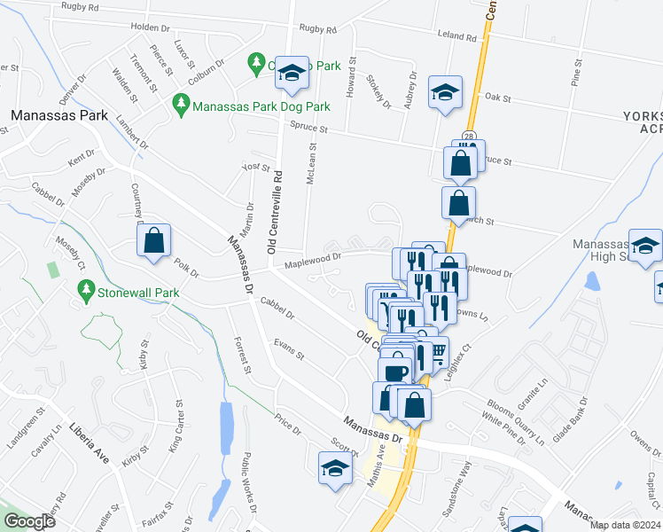 map of restaurants, bars, coffee shops, grocery stores, and more near 8578 Cabot Court in Manassas