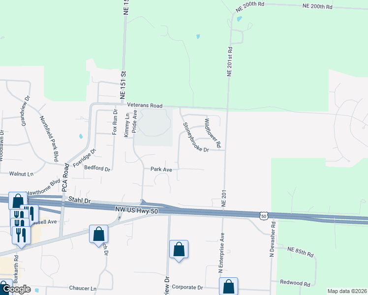 map of restaurants, bars, coffee shops, grocery stores, and more near 1202C Pebblecreek Drive in Warrensburg